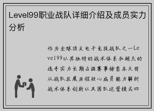 Level99职业战队详细介绍及成员实力分析